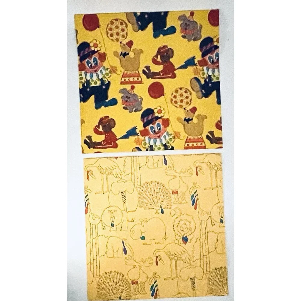 Vintage Gift Wrap Circus Clowns & Animals in Ties Yellow 80s Moose Peacock Paper